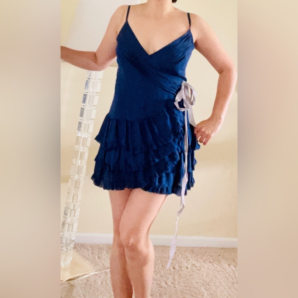 Nicole Miller wrap dress, mini, silk, in navy with ruffles, size 6